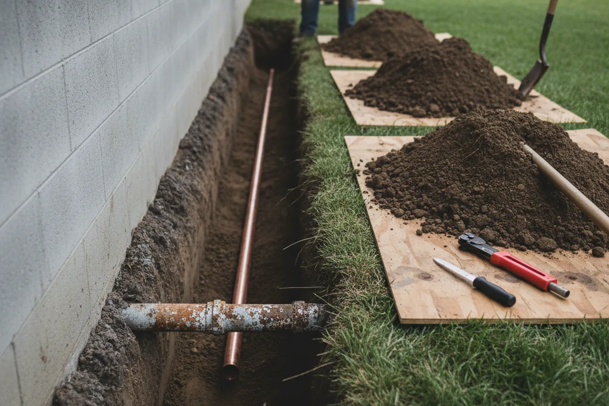Excavated water line trench during Sewer Line Repair in Lake Luzerne